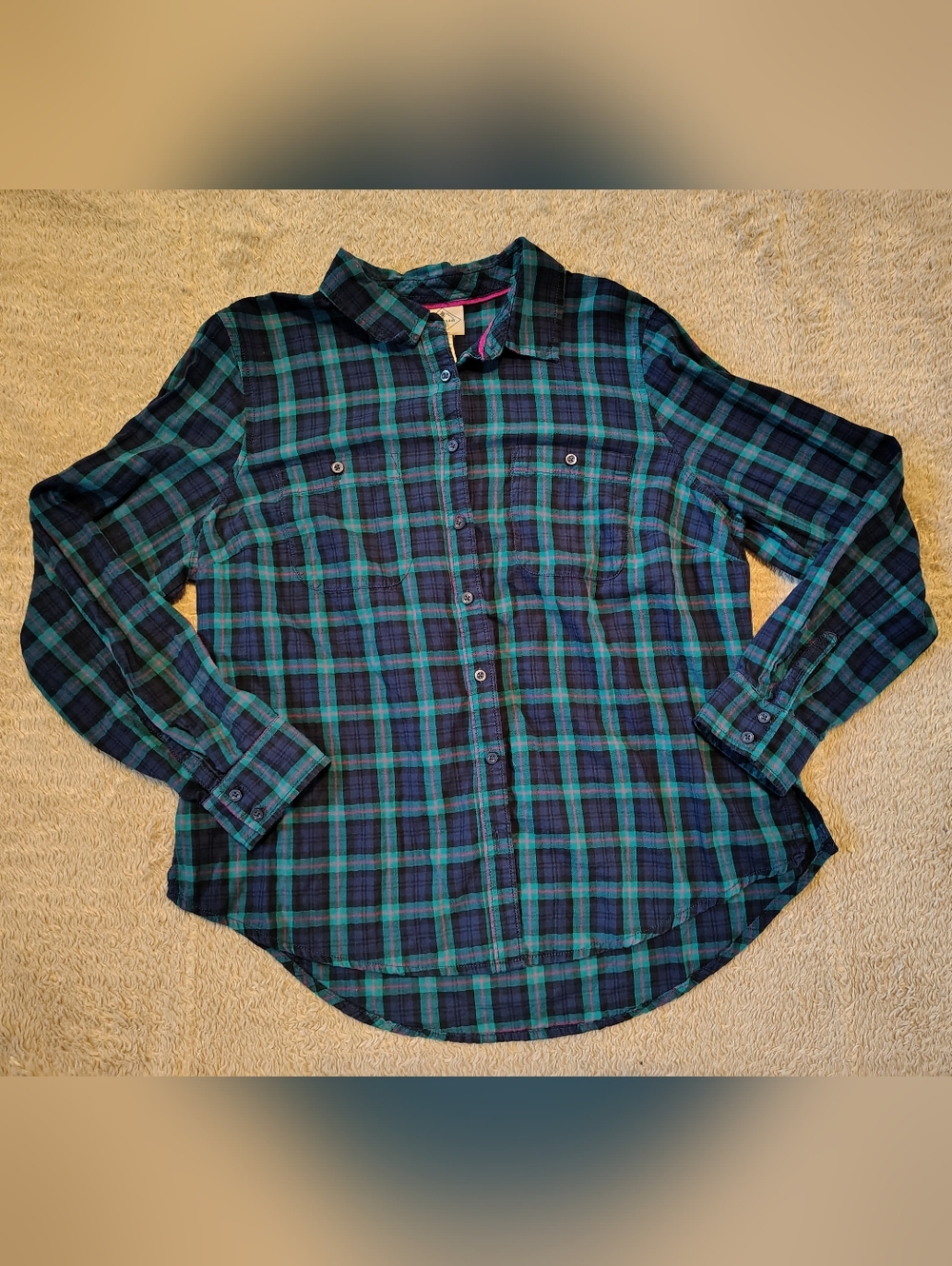 St. Johns Bay Women's Plaid Long Sleeve Button Up Shirt Size PL 100% Cotton